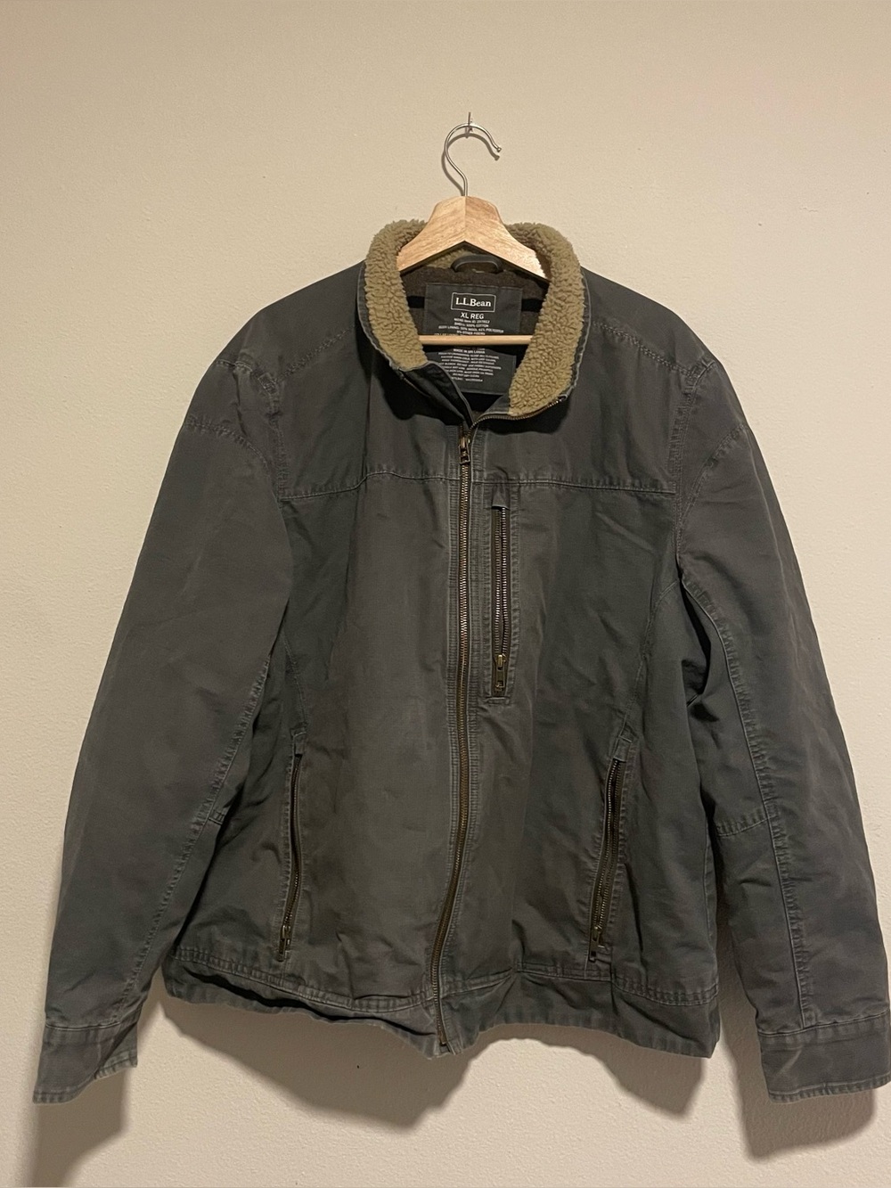 L.L. Bean Gray Canvas Fleece Lined Zipped Pockets Utility Jacket, Size XL